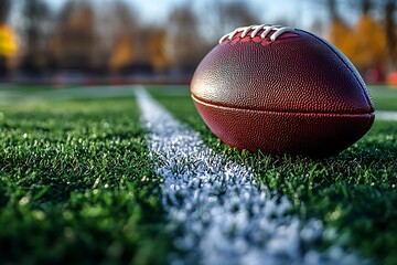 Obraz premium American football on field with white line and green grass close up