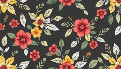 Hand-drawn floral foliage seamless pattern on dark grey background Vector illustration, floral, grey