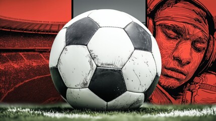 Fototapeta premium Close Up of Soccer Ball with Player Face Background