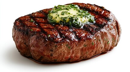 Juicy grilled bison ribeye with herb butter on an ideal white background.