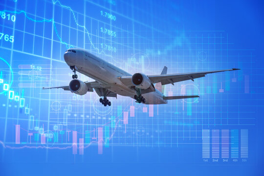 Commercial airplane soaring against a digital of financial data economic movement in industry airline stock analysis, economic reports, or presentations on travel industry trends and investments.
