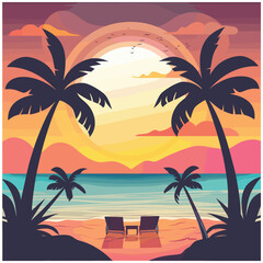  Colorful Summer Sunset on Tropical Beach with Palm Trees