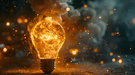 Intensely burning lightbulb filament glowing with powerful orange light amidst smoke and bokeh effects, representing concentrated thought, bright concepts, or extreme heat.
