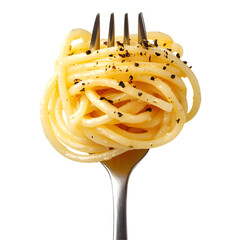 Delicious golden spaghetti on a fork appetizing pasta dish for food blogs and menus