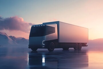 White Modern Truck Driving on Icy Surface with Mountain and Sunset Background