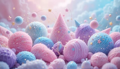 Colorful Yarn Balls and Stars in a Dreamy Sky Setting