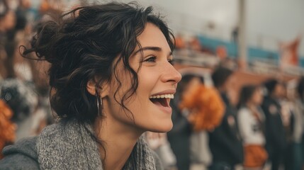 Latin mom cheering for child at school sports event stadium photo