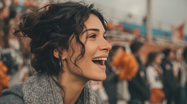 Latin mom cheering for child at school sports event stadium photo