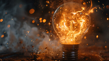 Close-up of an intensely glowing lightbulb filament radiating heat and light, symbolizing focused energy, bright ideas, or potential burnout against a smoky bokeh background.
