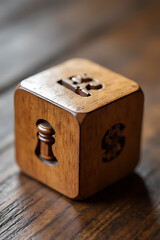 Wooden dice game piece rustic tabletop close-up natural light focused perspective fun concept