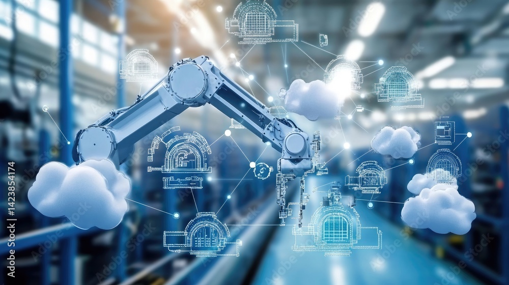 Poster robotic arms working in harmony on a production line, assembling parts with precision and speed in a