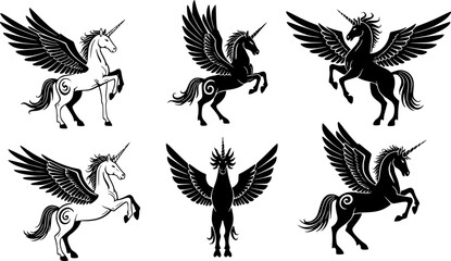 Fototapeta premium The mythological animal Pegasus, a winged flying horse from Greek myth, is commonly used as a heraldic design element in a coat of arms, typically illustrated in a vintage style and posed rampant as