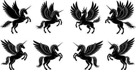 Obraz premium The mythological animal Pegasus, a winged flying horse from Greek myth, is commonly used as a heraldic design element in a coat of arms, typically illustrated in a vintage style and posed rampant as