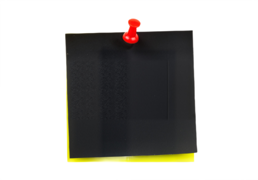 Black sticky post-it note with red pushpin isolated on transparent background