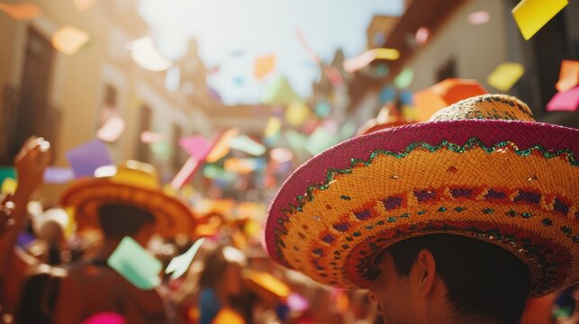 Fototapeta crowd enjoying celebration of Cinco de Mayo at street on sunny day