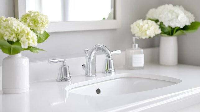 A clean white bathroom vanity with a chrome faucet, undermount sink, and fresh hydrangea flowers in vases.