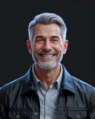 Obraz premium middle age man black background with black jacket 3d illustration happy smiling portrait
