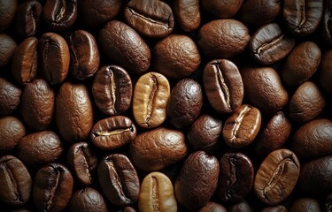 Obraz premium Close-up of premium coffee beans with rich brown hues and detailed textures, showcasing unique shapes and sizes against a dark background. This high-quality composition highlights the variety and natu