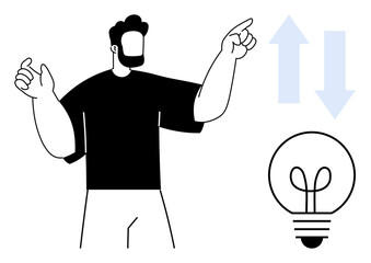 Man with beard pointing at light bulb and upward-downward arrows highlighting innovation, progress, and change. Ideal for brainstorming, innovation, problem-solving, decision-making, growth