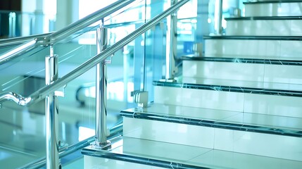 Modern architectural details of staircase with glass railing and marble stairs
