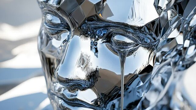 Abstract conceptual 3D rendering of human face with flowing liquid chrome tears