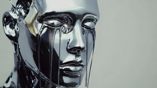 Close-up View of a Crying Chrome Robot: Exploring Sentience and Artificial Emotions