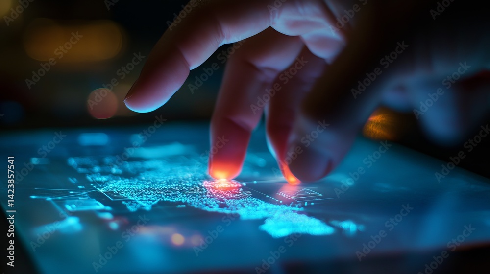 Poster digital finger touching futuristic interface screen technology innovation modern data network global