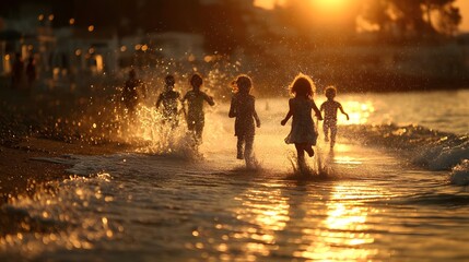 Fototapeta premium Children splashing barefoot on the beach at sunset joyful scene