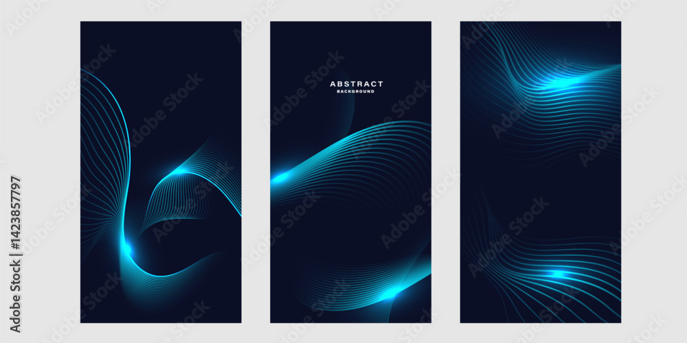 Poster Set of futuristic abstract backgrounds with glowing wave lines.