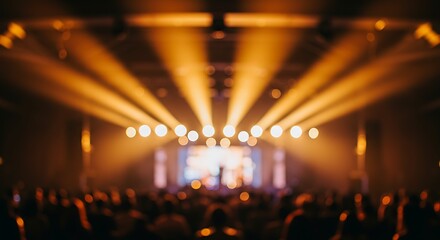 Obraz premium Blurred stage view with bright lights and audience at a concert or performance event scene setting