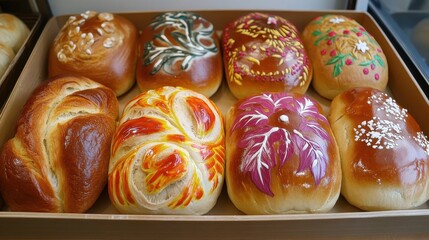 Decorative bread loaves arranged inside a wooden display container