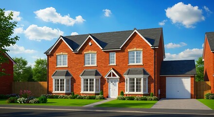 Red-brick suburban home with white trim, lush lawn, and blue sky. Elegant, clean, and timeless &mdash; perfect real estate or lifestyle imagery.