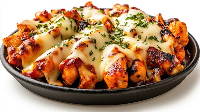 Spicy Korean buldak fire chicken with melted cheese on an absolutely white background.