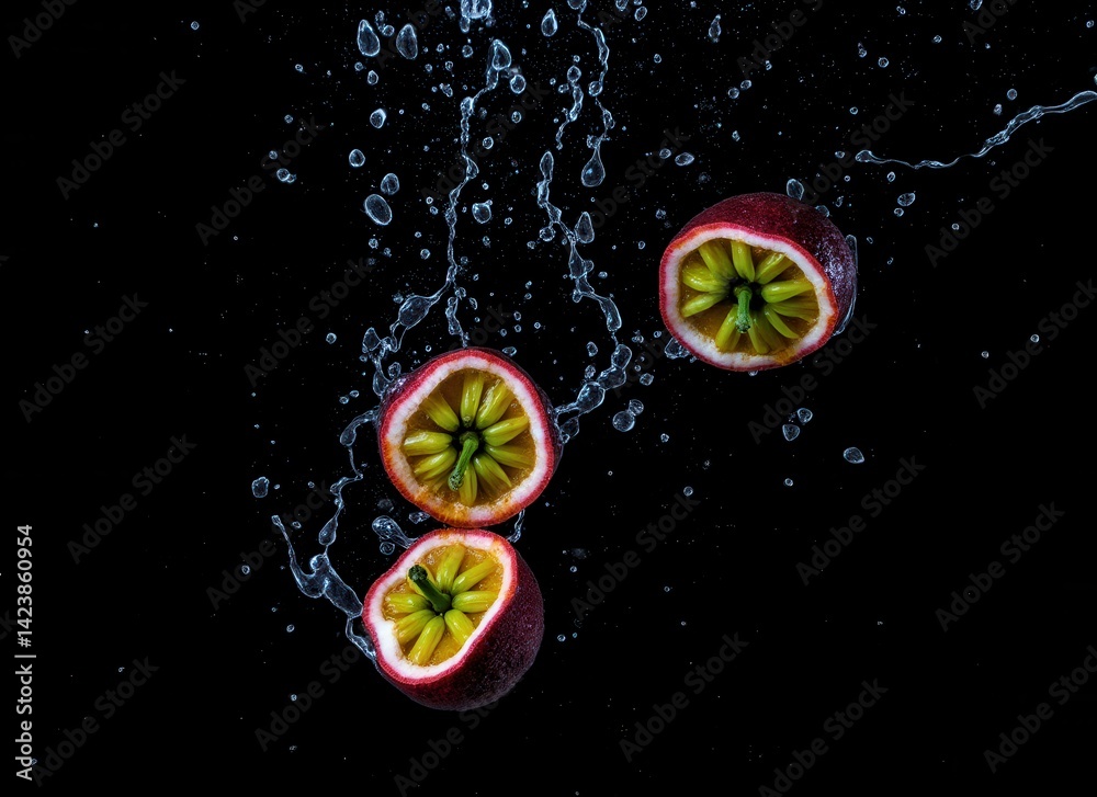 Poster three halved passion fruits splash in water against a dark background, creating a vibrant contrast a