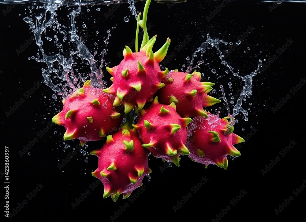 Poster a cluster of vibrant red fruits with spiky exterior splashes into water, creating dynamic droplets a