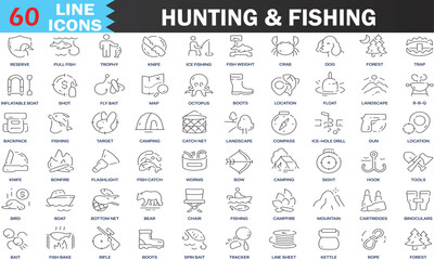 Hunting and fishing line icons collection. Camping, animal, fish, nature, landscape icons. UI icon set. Thin outline icons set. Editable Vector, illustration EPS10