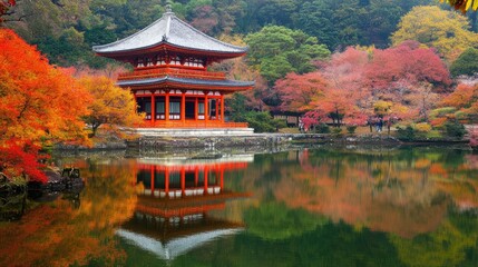 Obraz premium Tranquil lake surrounded by colorful autumn trees reflecting on calm water