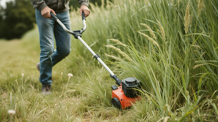 Male farmer with weed trimmer mowing tall grass