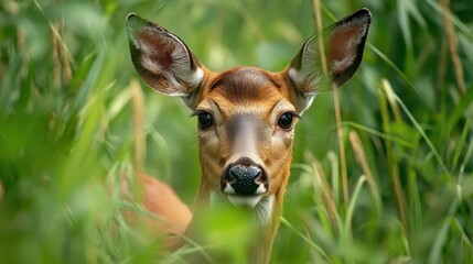 A Close Up Portrait of A Doe In Tall Green Grass