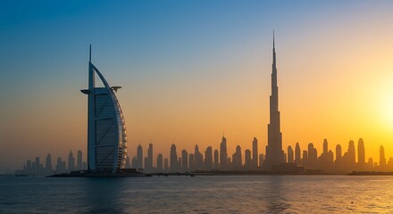 Naklejka premium Burj al arab and dubai skyline at sunset with vibrant orange and blue sky over the water front