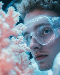 Close-up of a young scientist studying coral