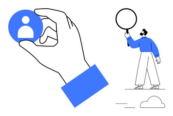 Hand holding profile icon, person holding magnifying glass, cloud. Ideal for recruiting, HR, team selection, profile research, digital marketing, networking simple landing page