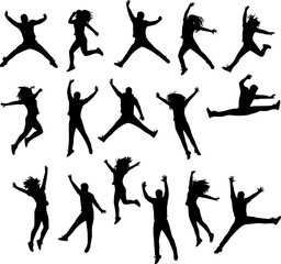 Silhouettes of people jumping and flying on a white background
