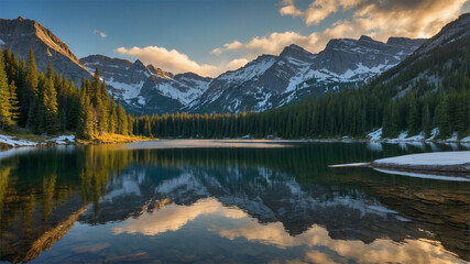 Serene Mountain Lake with Forest and Sunrise Reflection in Pristine Nature