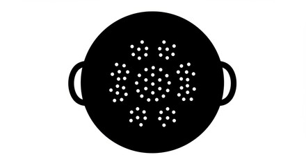 Black Colander Silhouette: Round Kitchenware with Perforated Pattern and Handles.