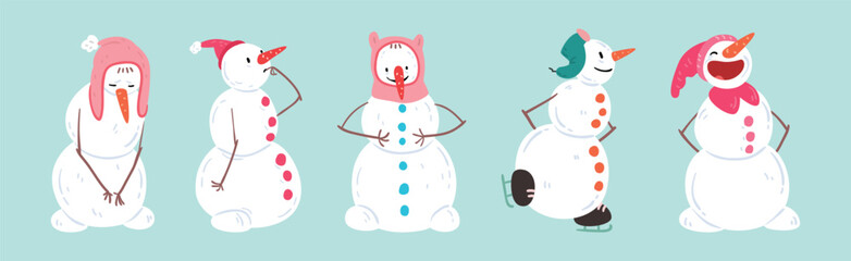 Funny Snowman Winter Figure Character with Face and Arms Vector Set