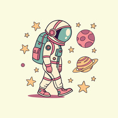 A cute cartoon astronaut floating in space, wearing a colorful striped spacesuit and helmet, surrounded by stars, planets, and whimsical elements, pastel color palette, flat vector style, suitable for