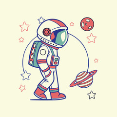 A cute cartoon astronaut floating in space, wearing a colorful striped spacesuit and helmet, surrounded by stars, planets, and whimsical elements, pastel color palette, flat vector style, suitable for