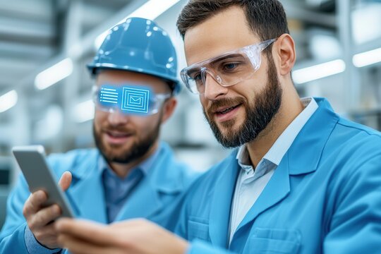 5g networks connectivity AI integration Two engineers discussing technology with a smartphone in a modern workspace.