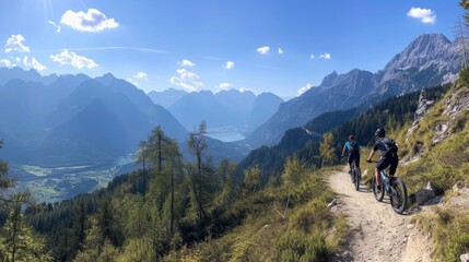Two cyclists travel along trails between mountains and plains.